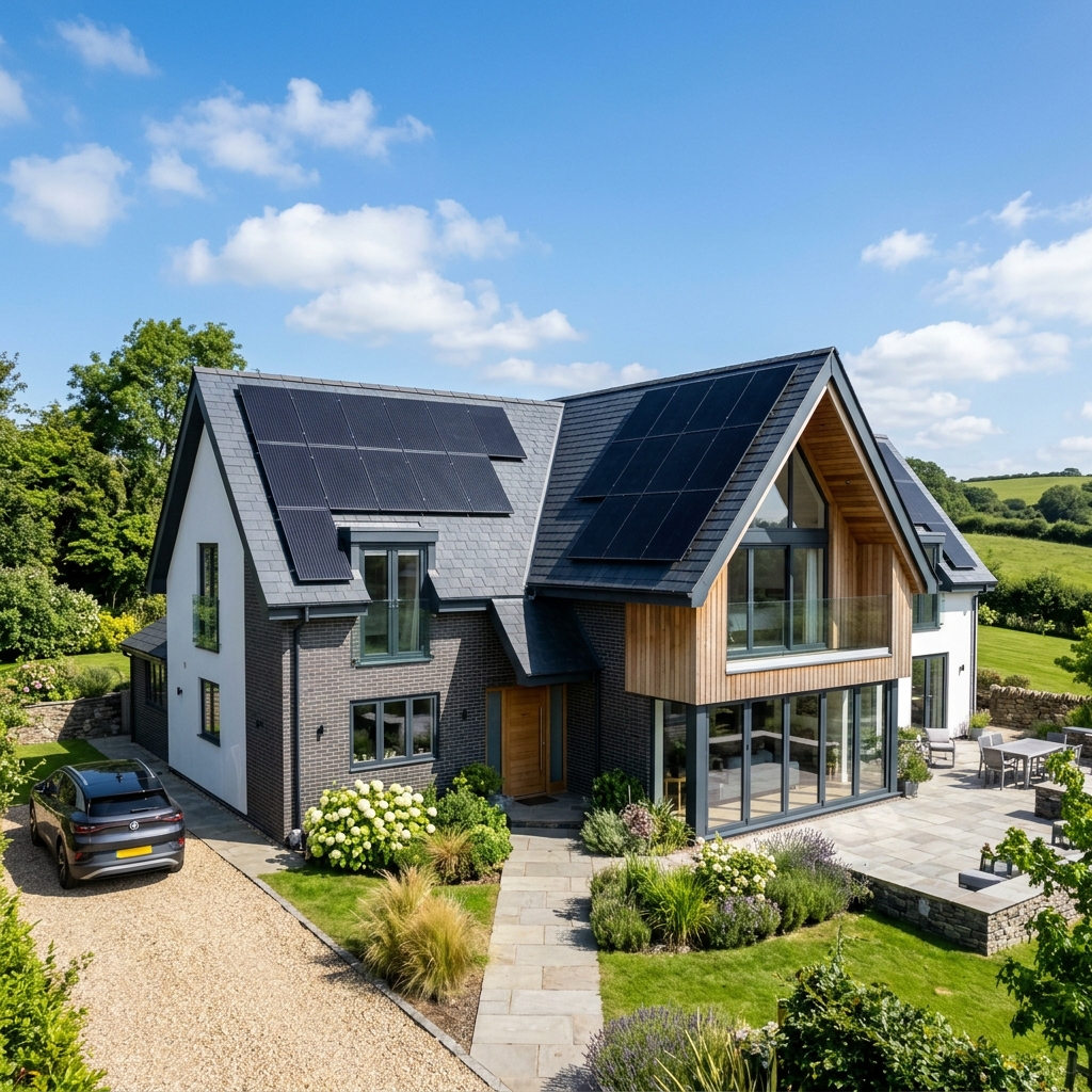 Modern UK home with solar panels on a slate roof under bright daylight