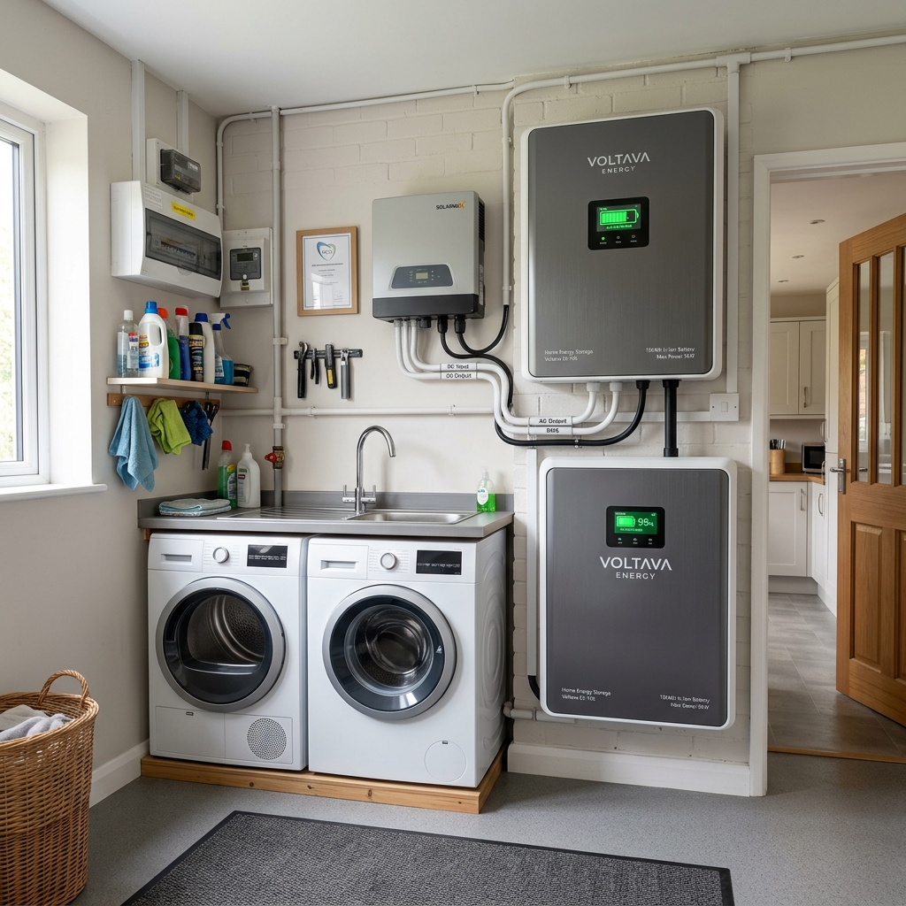 Compact home battery storage unit mounted in utility room